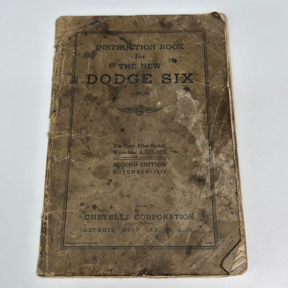 1935 Dodge Six Instruction Book Code D2 Second Edition Incomplete Owners Manual